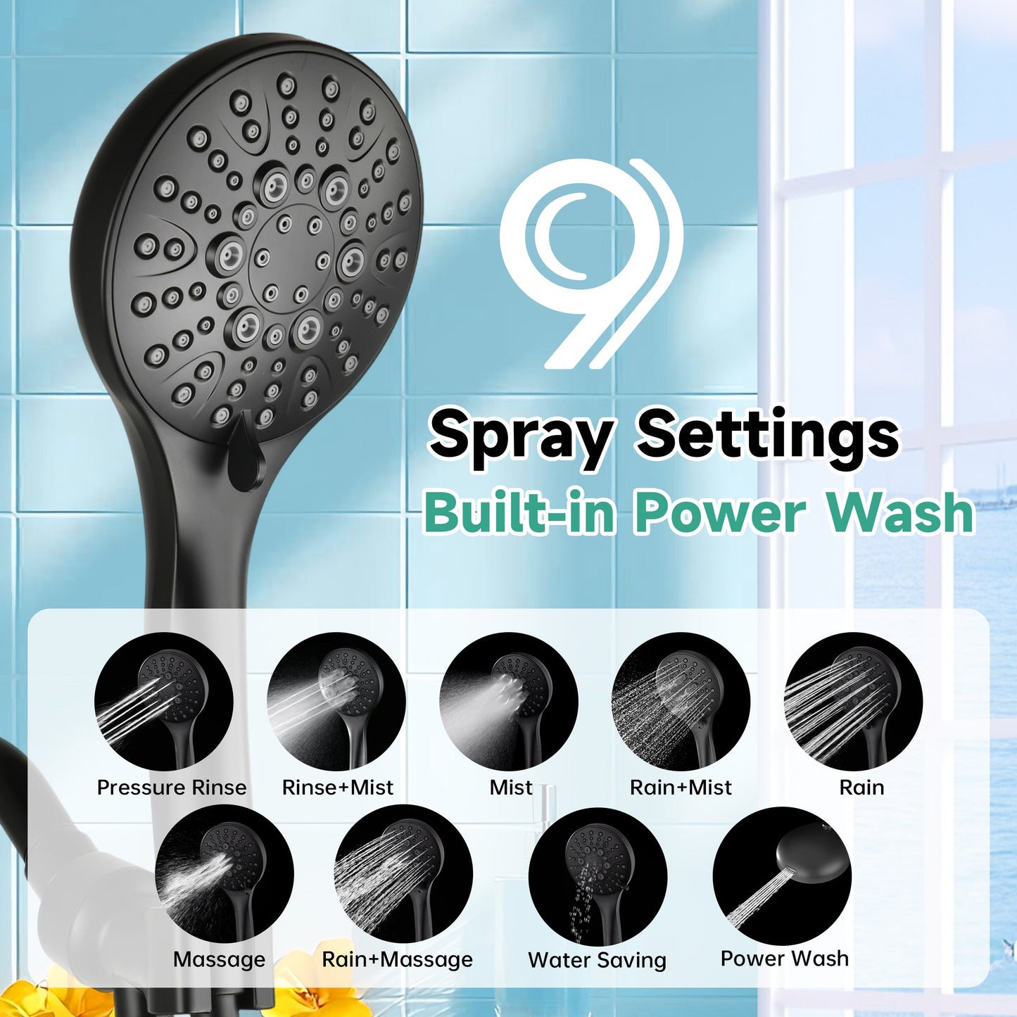 Handheld Shower Head, 9-Spray Showerhead with 69" Hose, Bracket