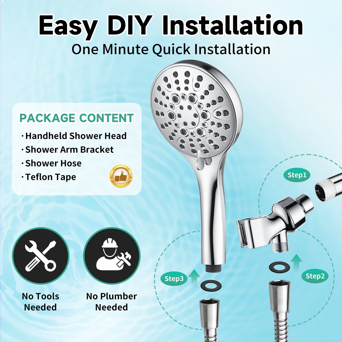 Handheld Shower Head, 9-Spray Showerhead with 69" Hose, Bracket